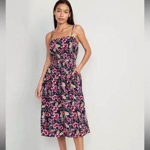 Waist-Defined Floral Linen-Blend Smocked Midi Cami Dress